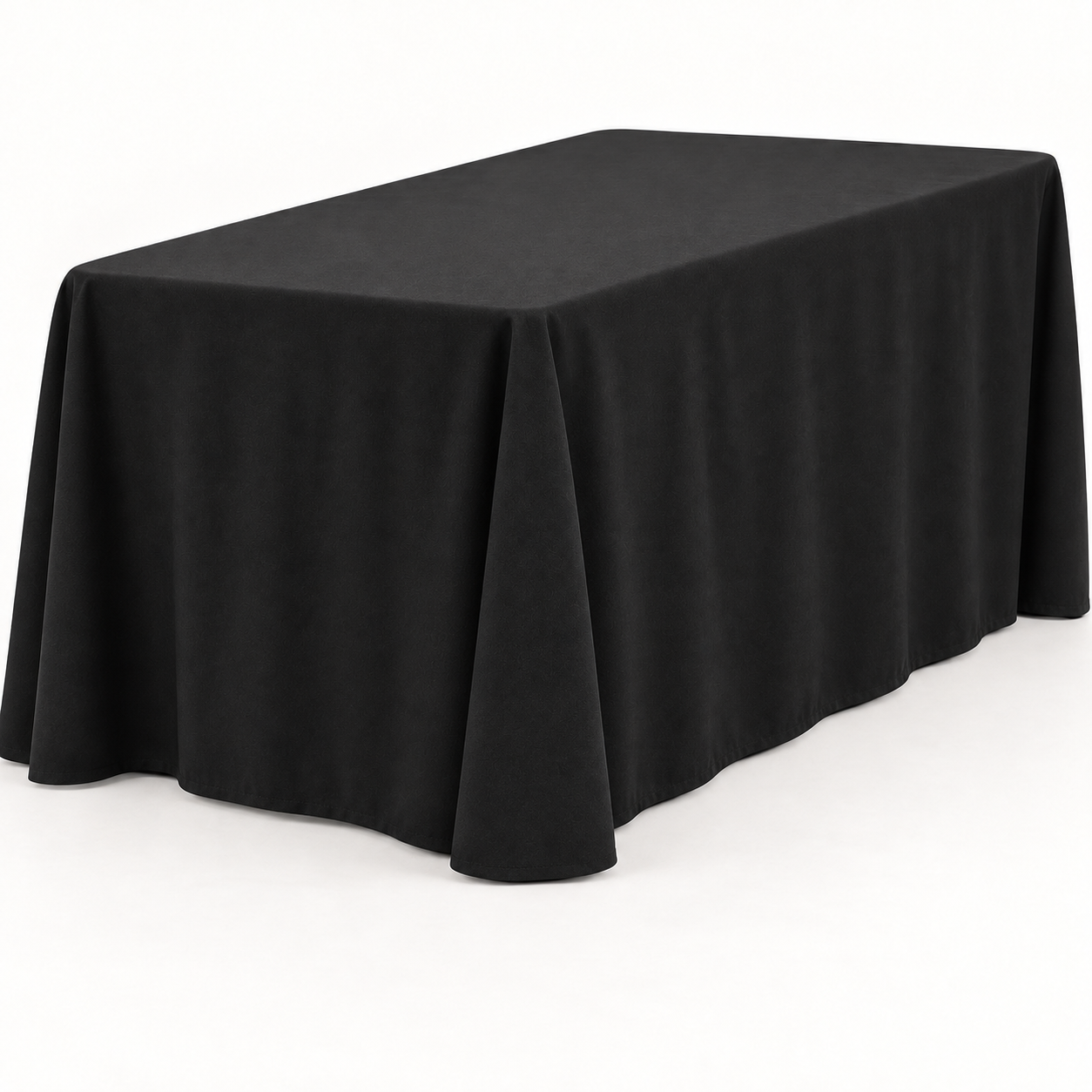 6-foot rectangular table dressed with a black 90 by 132-inch floor-length linen that reaches the ground