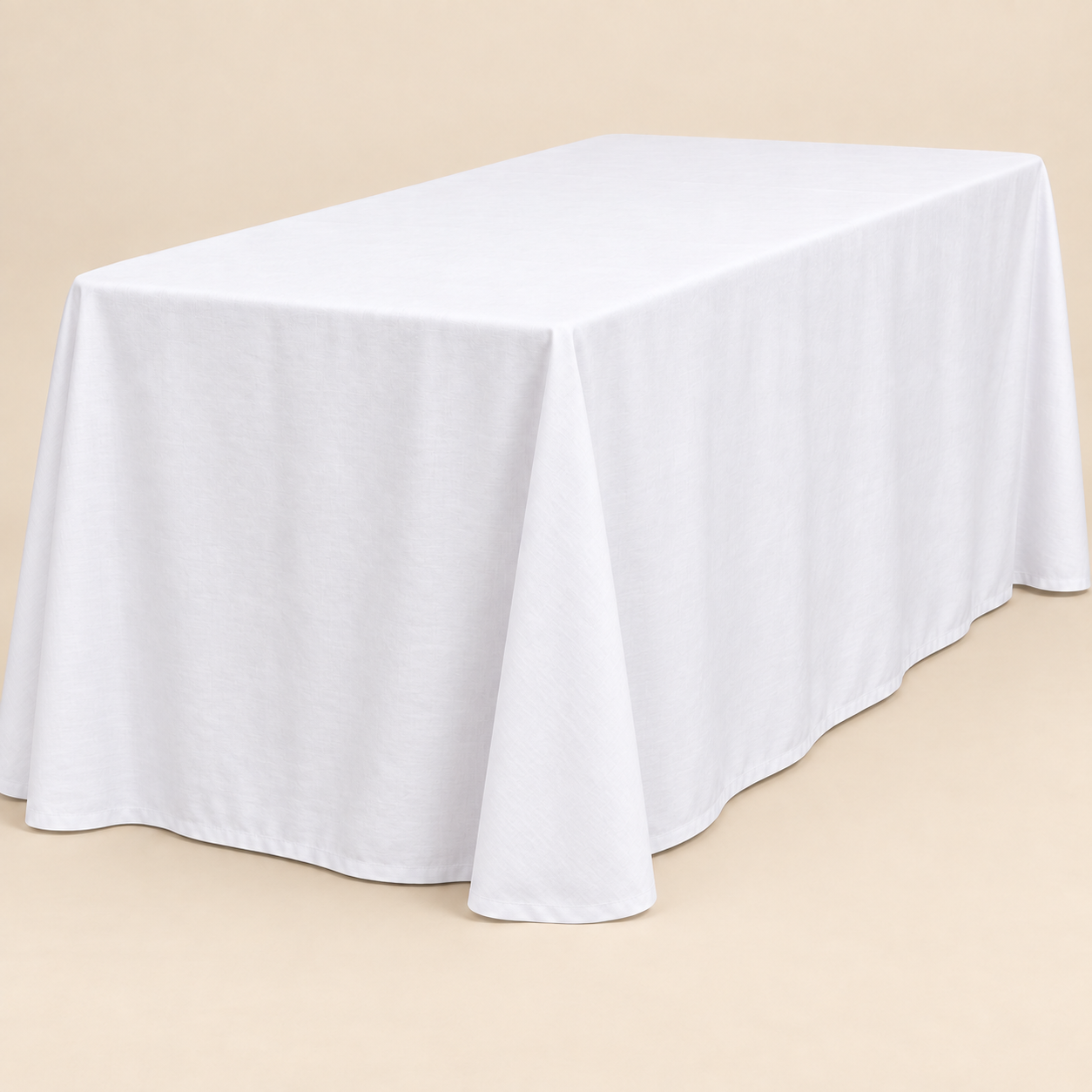 6-foot rectangular table dressed with a white 90 by 132-inch floor-length linen that reaches the ground