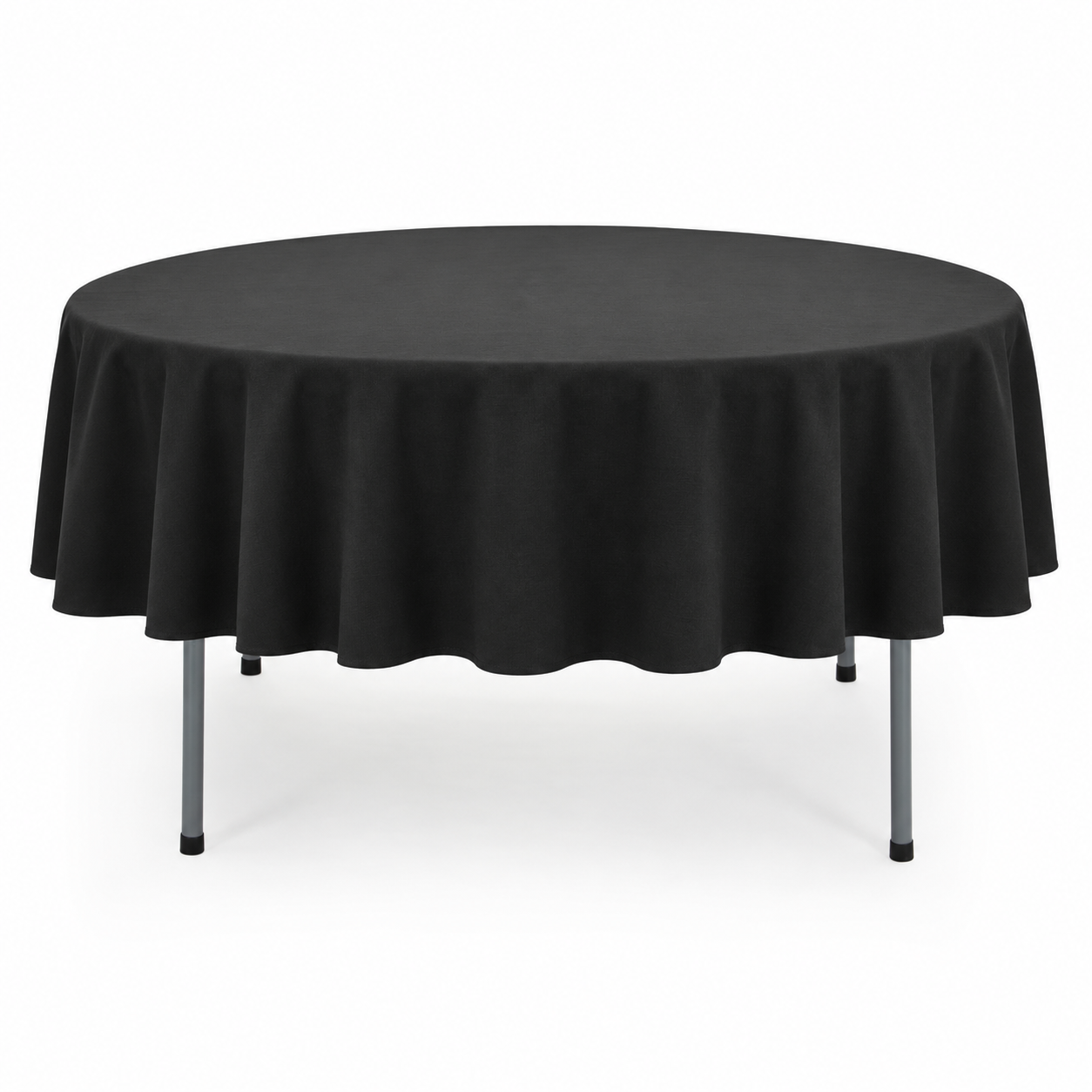 60-inch round table dressed with a black 108-inch round linen with a 24-inch drop