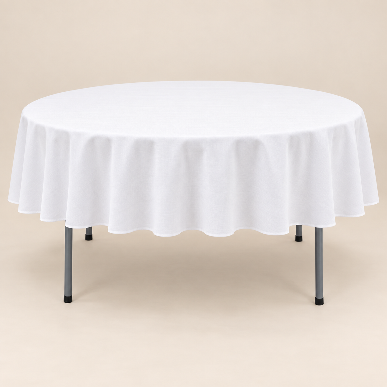 60-inch round table dressed with a white 108-inch round linen with a 24-inch drop