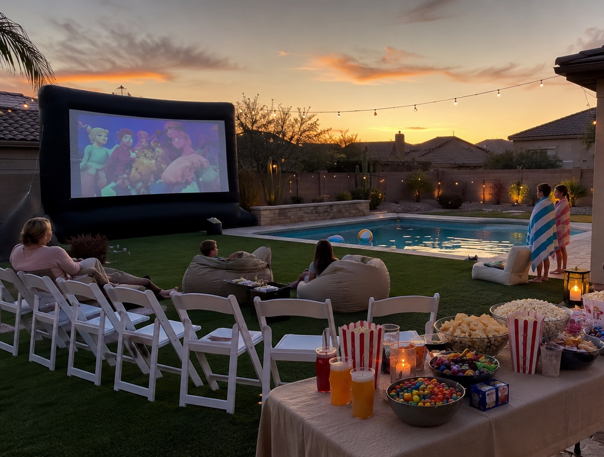 Arizona backyard movie night with an inflatable screen, swimming pool, white resin chairs, bean bags, snack table, and guests at sunset