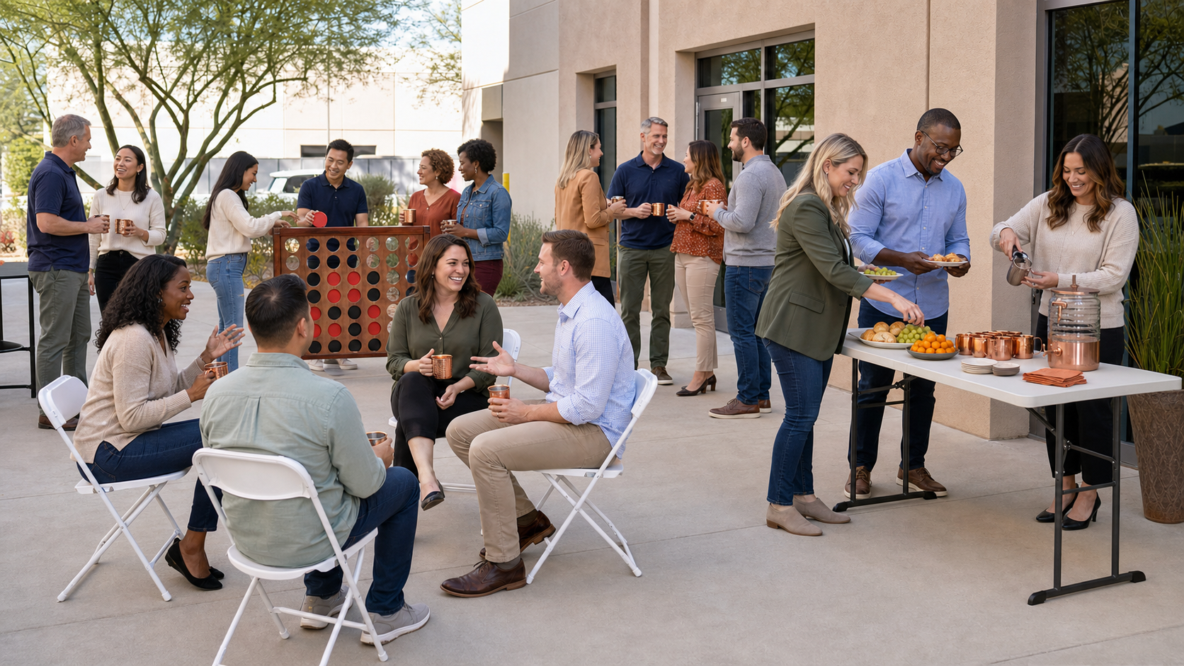 Coworkers talking, playing giant Connect 4, and sharing refreshments at an Arizona fall company gathering in a commercial courtyard
