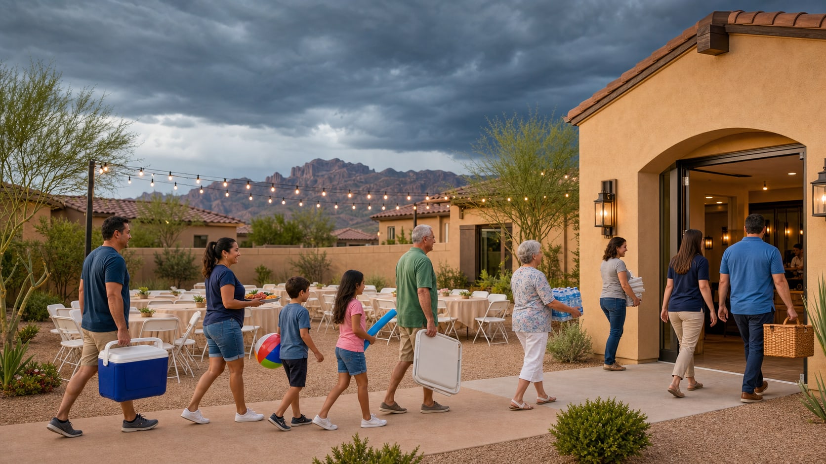East Valley HOA community party moving from an outdoor courtyard toward a clubhouse as monsoon clouds gather over the Arizona desert