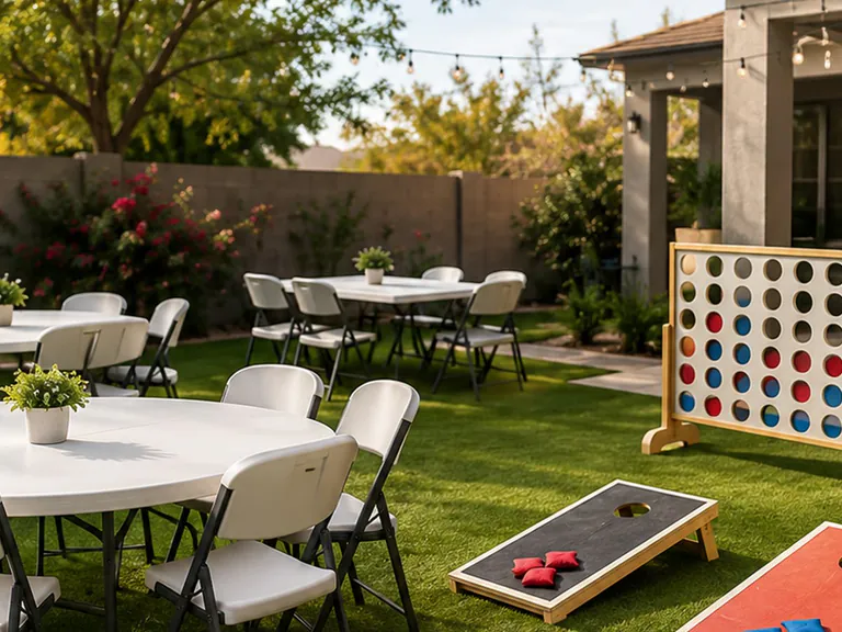 Mesa backyard party rental setup with tables, white folding chairs, cornhole boards, and giant Connect 4