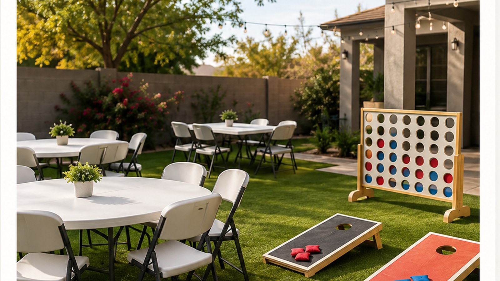 Round guest tables with white chairs in a landscaped backyard event setup