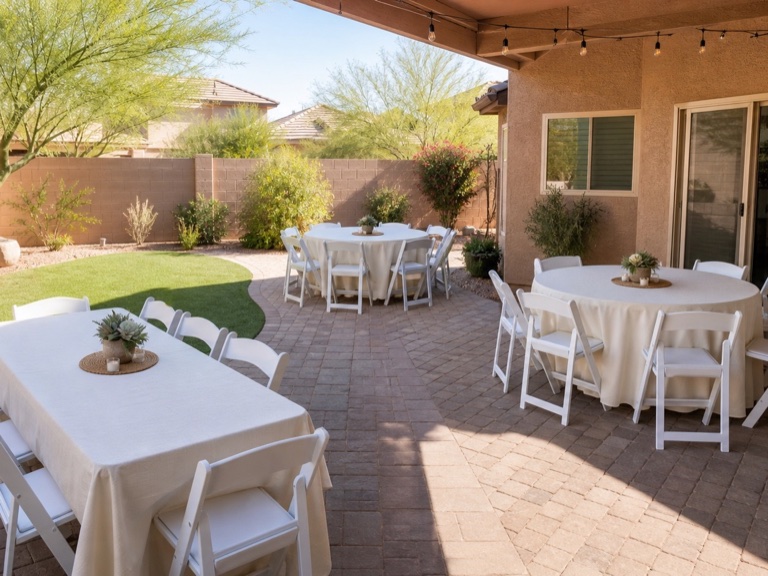 Backyard party seating layout with rectangular and round tables paired with white folding chairs