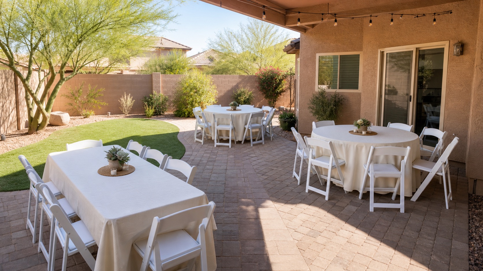 White rectangular and round party tables with white folding chairs arranged in a shaded East Valley Arizona backyard