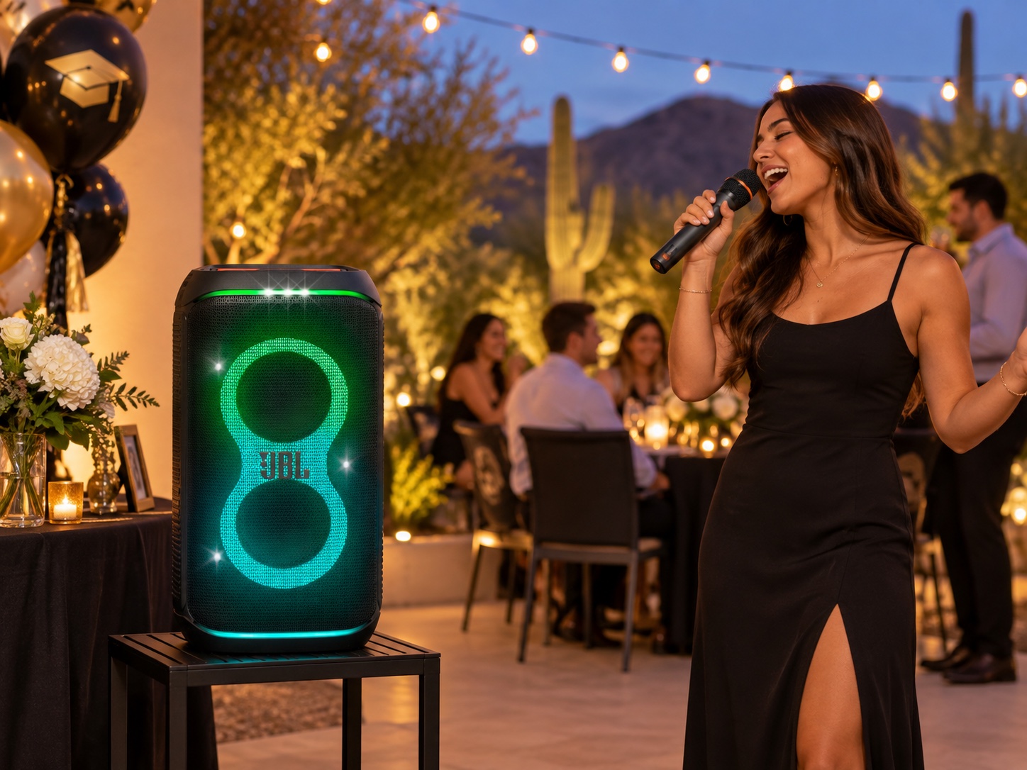 Party speaker supporting outdoor karaoke at an evening graduation celebration