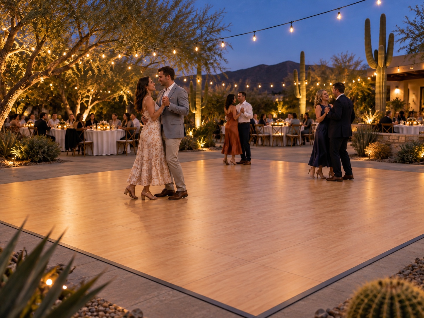 Guests dancing on a portable maple dance floor during an Arizona evening reception