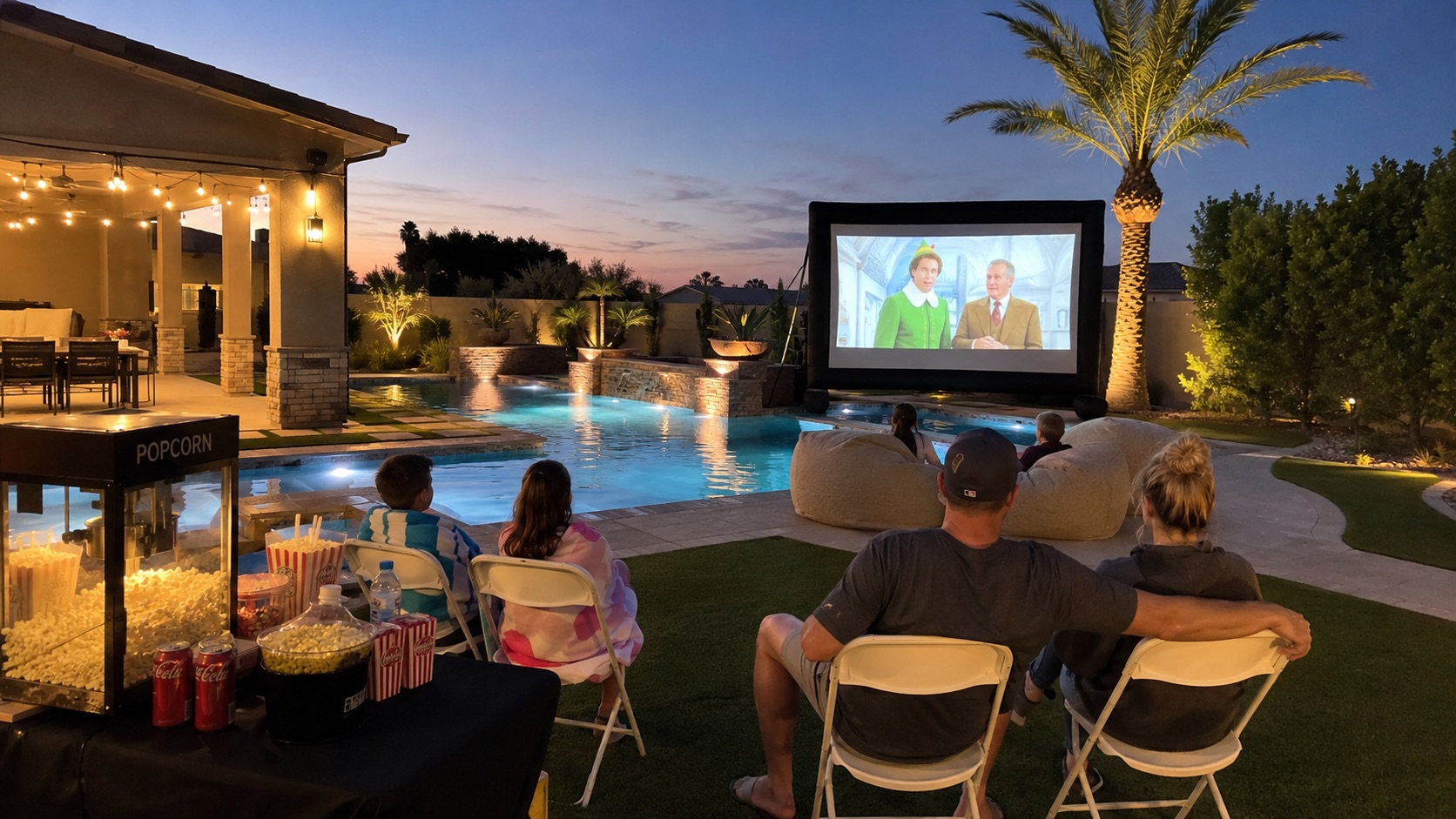 Arizona backyard movie night with a 24-foot inflatable screen, projector, speakers, seating, pool, and snack station