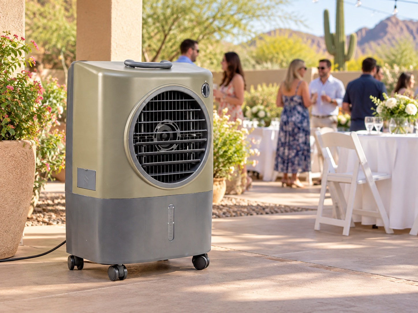 Portable evaporative cooler positioned at the edge of a shaded Arizona backyard event patio