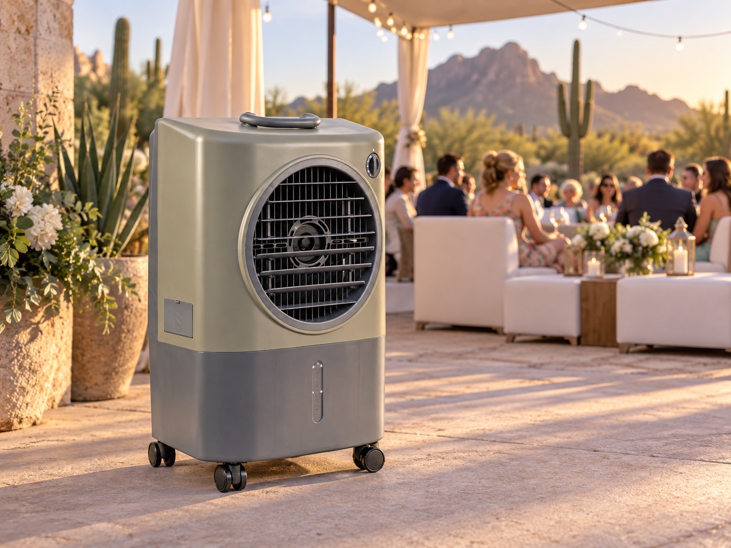 Portable evaporative cooler beside a shaded lounge at an Arizona outdoor wedding reception