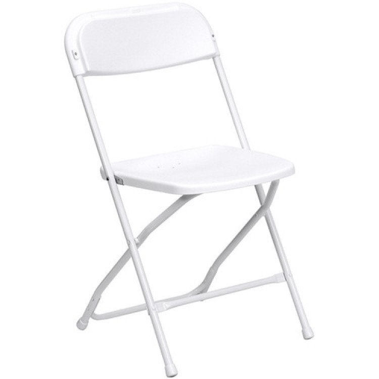 White folding chair with a molded white seat and back on a metal folding frame