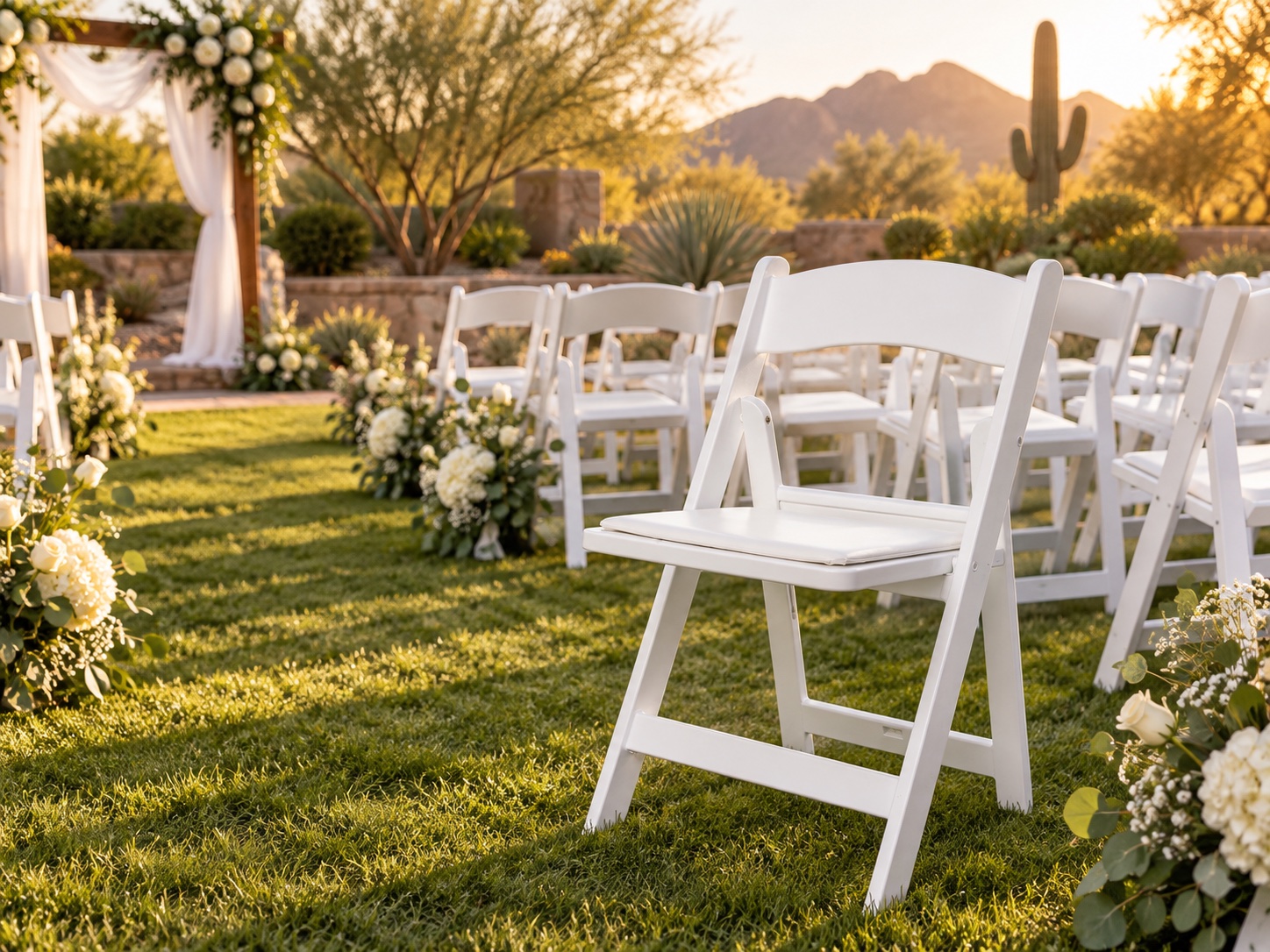 White resin folding chairs arranged for a garden wedding ceremony in the Arizona desert