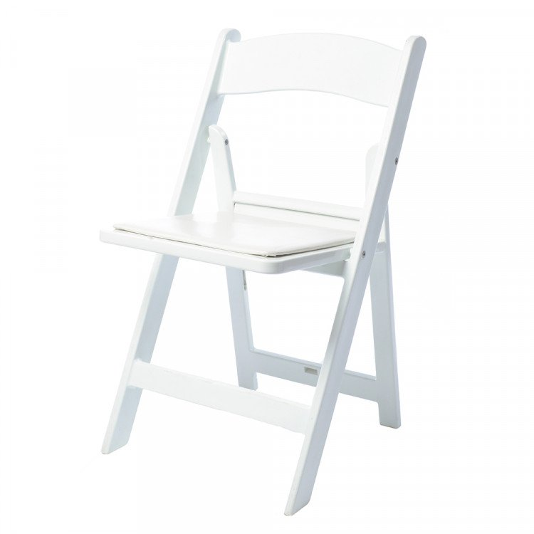 White resin folding event chair with a slatted back and padded white seat